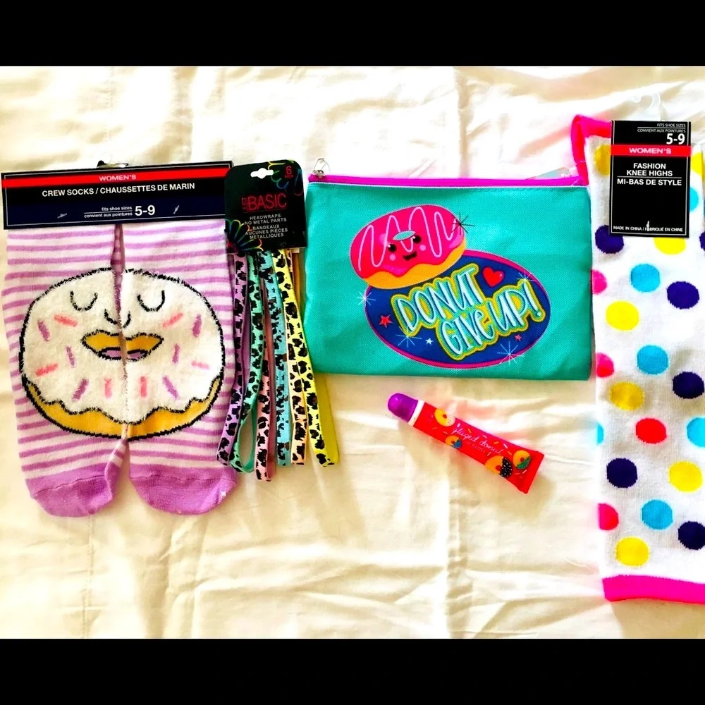 DONUT SOCKS ZIP CASE LIP GLOSS HEADBANDS !